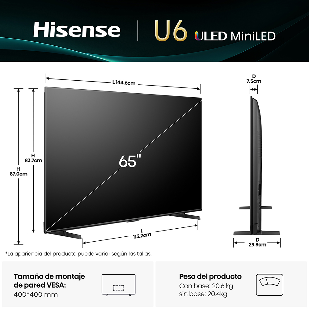 Smart TV Hisense ULED Mini LED 4K 65" 65U6QV - imagen 2